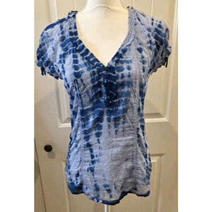 Chaudry B Blue Tie Dye Ruffle V Neck Party Sleeve Size S NWT 2009 Sample Y2K